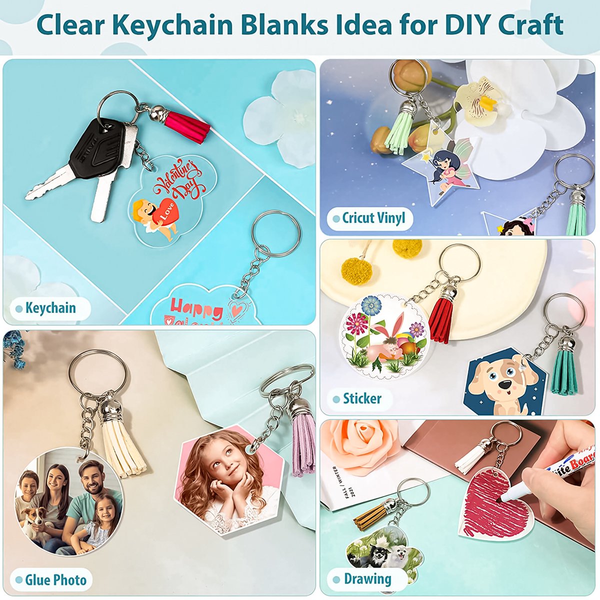 155-Delig DIY Sleutelhangers Maken Knutselpakket met Sleutelringen, Kwastjes, Blanco Transparant Plastic Plexiglas - Foto/Sleutellabels Personaliseren - Knutselen Meisjes, Jongens, Volwassenen Sieraden Hobby - Leeg Acryl Plaat Keychain Graveren — afbeelding 15