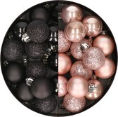 28x stuks kleine kunststof kerstballen zwart en zachtroze 3 cm - kerstversiering