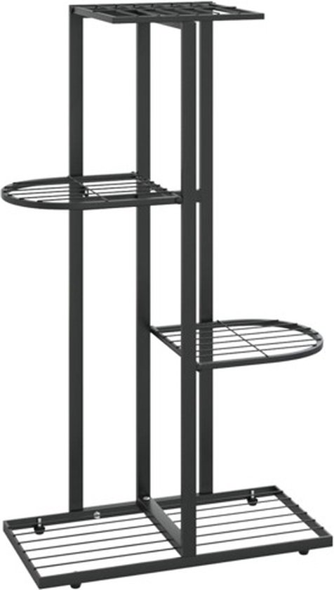 Support de plantes noir en métal à 4 niveaux : 2 paniers ronds, 1 panier rectangulaire et un plateau supérieur plat.