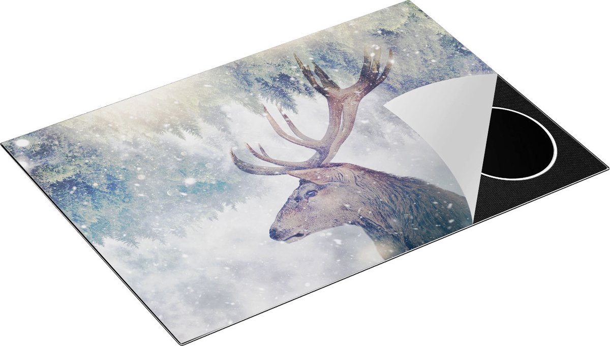 Chefcare Inductie Beschermer Hertenkop - Hert op een Bomen Achtergrond - 75x55 cm - Afdekplaat Inductie - Kookplaat Beschermer - Inductie Mat