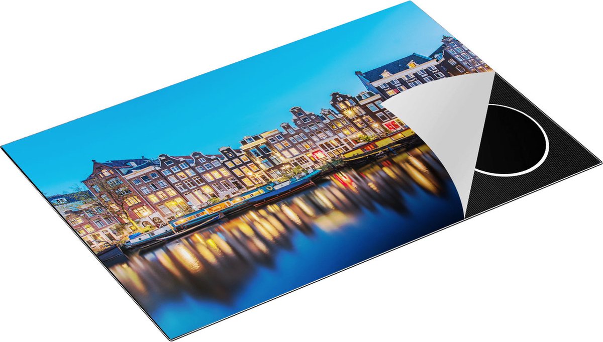 Chefcare Inductie Beschermer Amsterdamse Huisjes in de Avond met Lichten - 80x52 cm - Afdekplaat Inductie - Kookplaat Beschermer - Inductie Mat