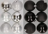 12x stuks kunststof kerstballen mix van zilver en zwart 8 cm - Kerstversiering