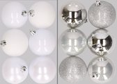 12x stuks kunststof kerstballen mix van wit en zilver 8 cm - Kerstversiering