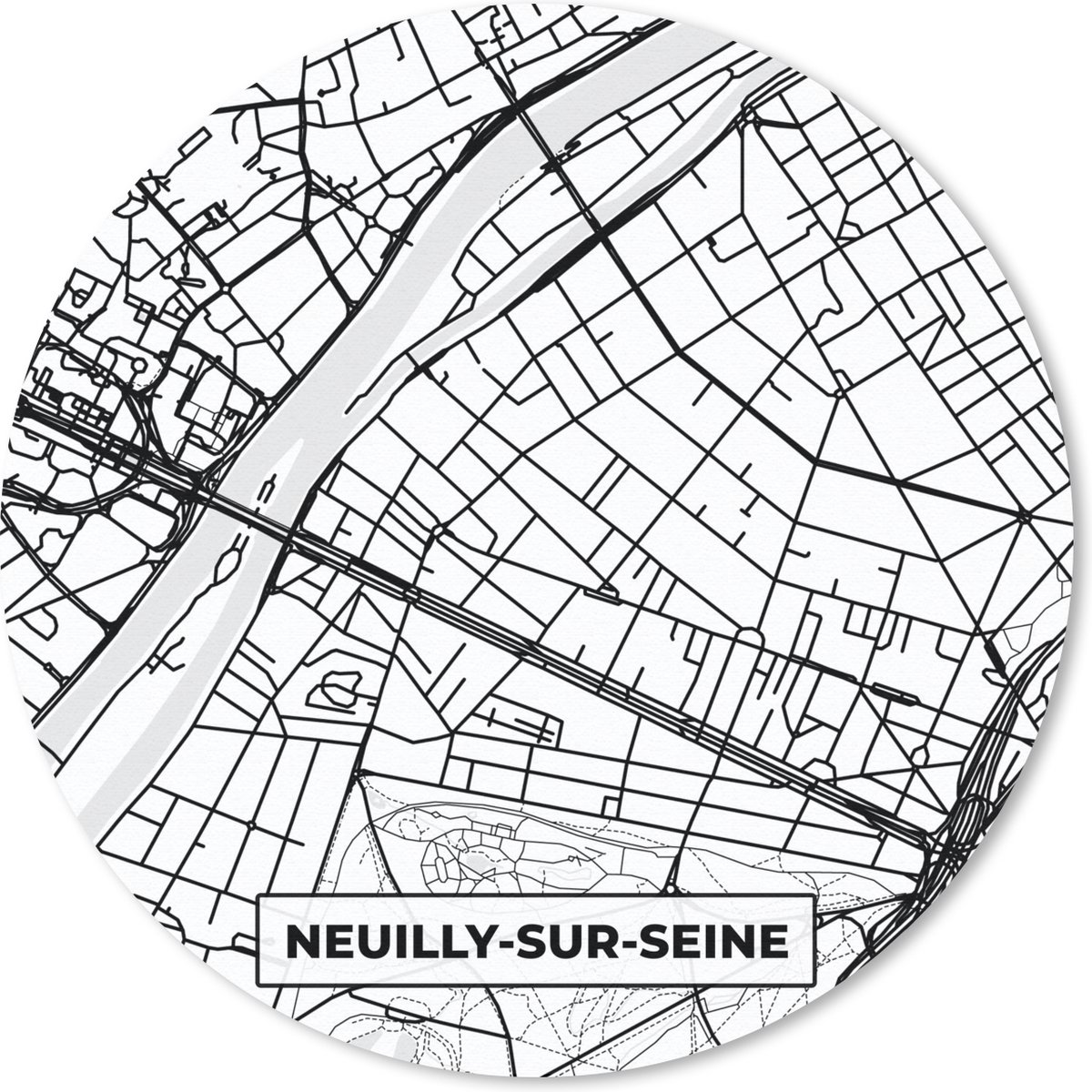 Muismat rond 40x40 cm - Mousepad Stadskaart - Neuilly-sur-Seine - Plattegrond - Kaart - Frankrijk - Zwart wit - Ronde muismatten - Stadskaart
