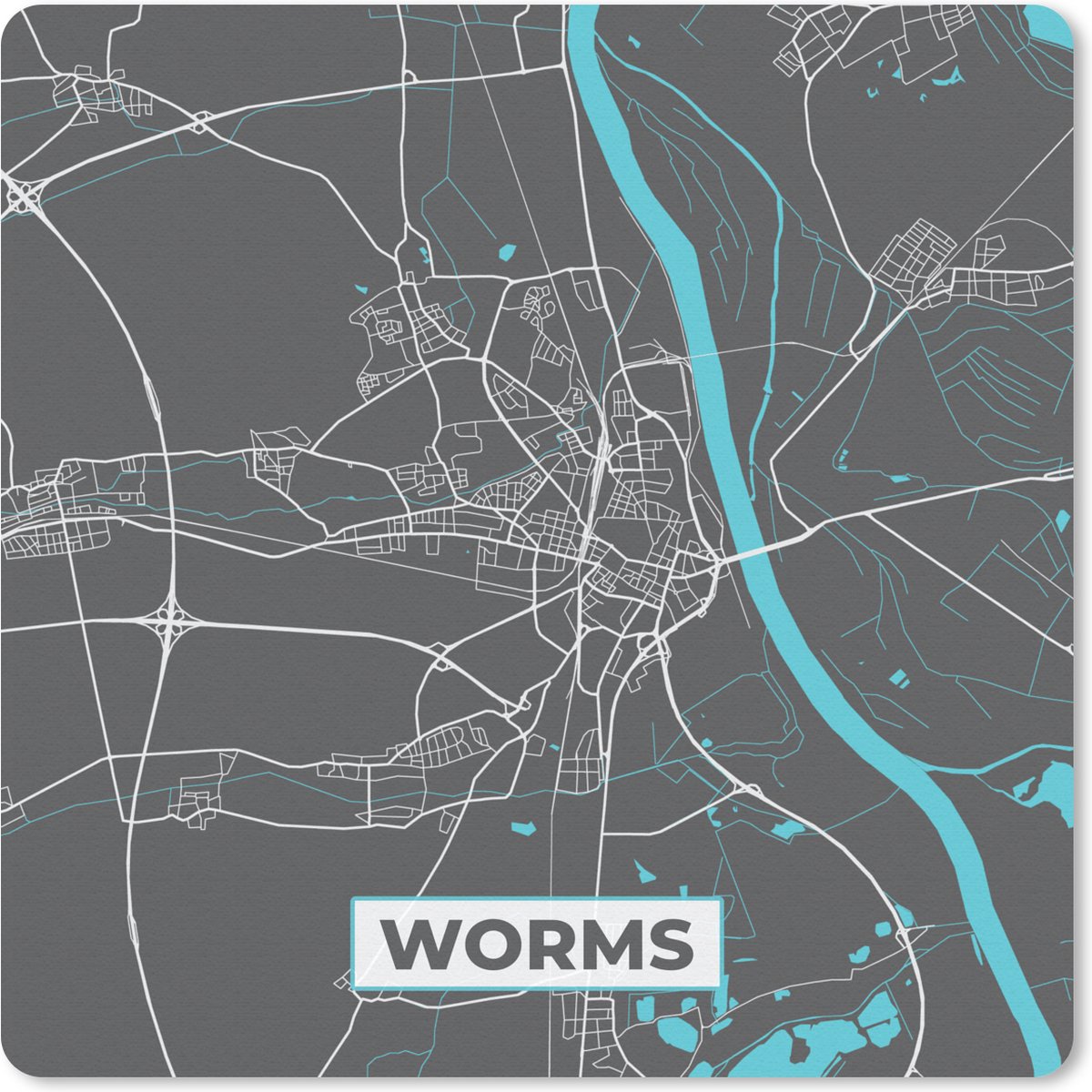 Muismat 20x20 cm - Mousepad Stadskaart – Kaart – Worms – Blauw – Duitsland – Plattegrond - Muismatten - Stadskaart
