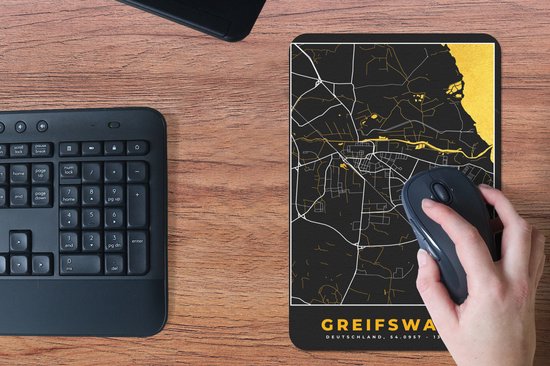 Muismat 18x27 cm - Mousepad Black and Gold – Stadskaart – Greifswald – Duitsland – Plattegrond – Kaart - Muismatten - Stadskaart