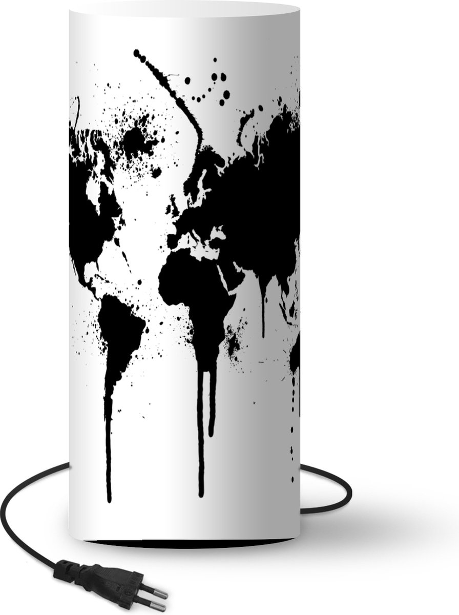 Lamp - Nachtlampje - Tafellamp slaapkamer - Wereldkaart - Inkt - Zwart - 70 cm hoog - Ø29.6 cm - Inclusief LED lamp