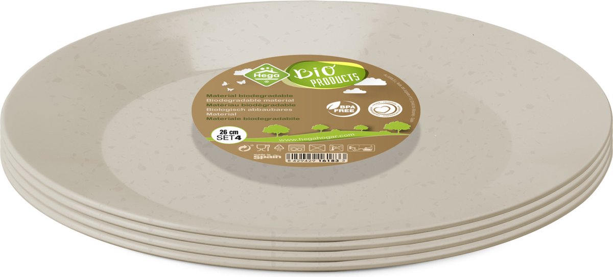 Borden - 12x - eco beige - D26 cm - afbreekbaar bio materiaal - ontbijtbordjes - dinerborden - Campingservies/picknickservies