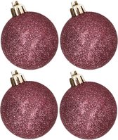 4x pcs boules de Noël en plastique à paillettes rose aubergine 10 cm - Boules de Noël incassables - Décorations de Noël