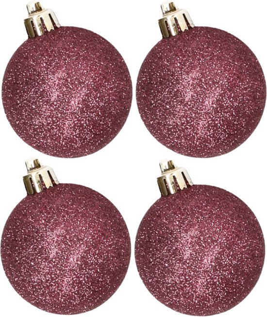 4x stuks kunststof glitter kerstballen aubergine roze 10 cm - Onbreekbare kerstballen - kerstversiering