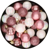 28x boules de Noël en plastique pcs nacre blanc et vieux rose mix 3 cm - Décorations pour sapins de Noël