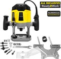 Gele Trotec bovenfreesmachine met vele accessoires, waaronder verschillende frezen en een centergeleider.