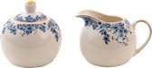 Clayre & Eef à Lait et Set 11*9*8 / Ø 9*9 cm Fleurs en Porcelaine Blauw Pot à Lait Sucrier avec Couvercle