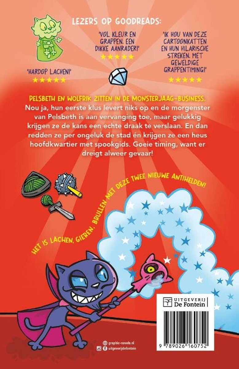 Boekcover achterkant, met recensies, illustraties van katten en wapens, en de tekst 'LEZERS OP GOODREADS', 'UITGEVERIJ De Fontein'.