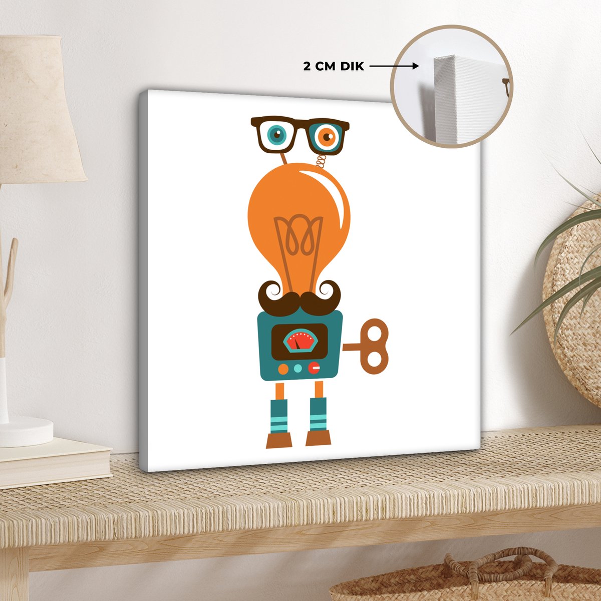 Canvas schilderij 20x20 cm - Wanddecoratie Robot - Bril - Gloeilamp - Snor - Kinderen - Jo