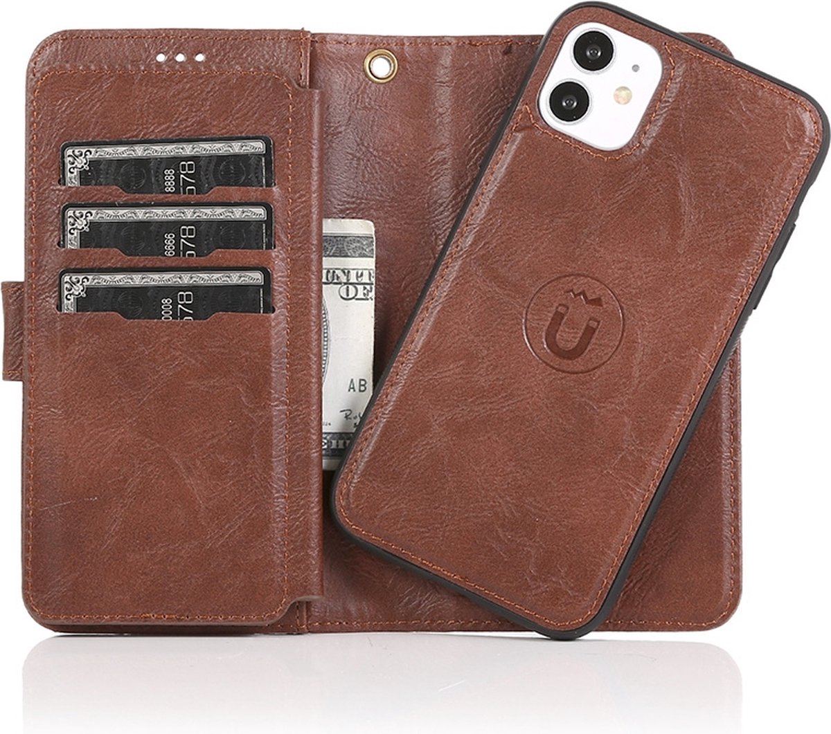 iPhone 12 Mini Magnetisch 2-in-1 Hoesje - Luxe Wallet Case met Magneet Sluiting - Vakjes voor pasjes en geld - Mobiq Luxe Lederen Magnetische 2-in-1 Book Case iPhone 12 Mini bruin