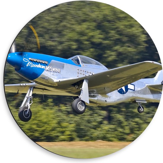 WallClassics - Dibond Muurcirkel - Blauw/Grijs Vliegtuigje Landend in Gras - 50x50 cm Foto op Aluminium Muurcirkel (met ophangsysteem)