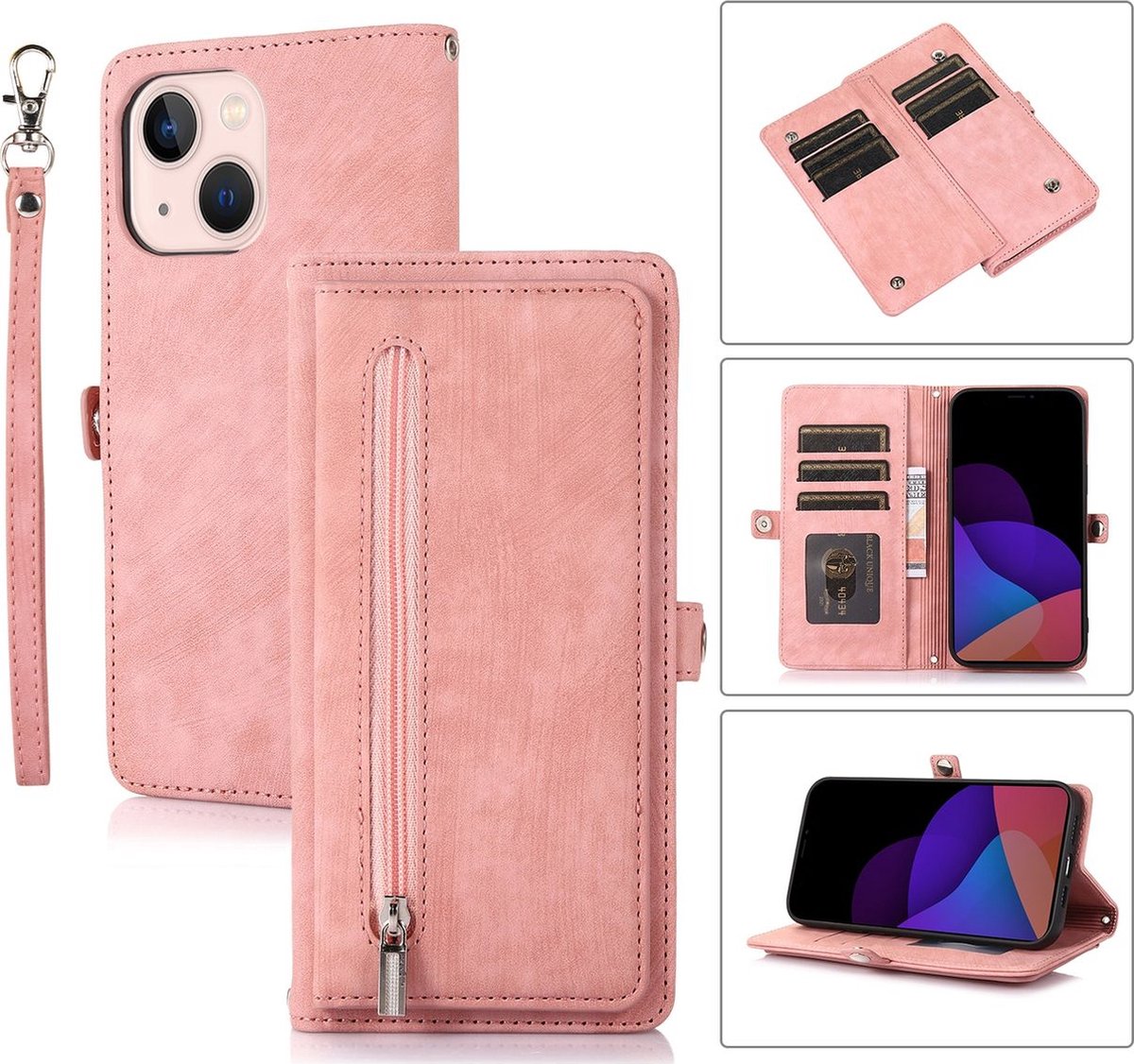 Mobigear Telefoonhoesje geschikt voor Apple iPhone 14 Plus Hoesje | Mobigear Zipper Bookcase Portemonnee | Pasjeshouder voor 6 Pasjes | Telefoonhoesje voor Pinpas / OV Kaart / Rijbewijs - Roségoud