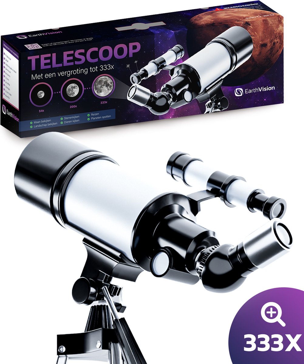 EarthVision Telescoop Classico - Sterrenkijker voor volwassenen en kinderen - 333x Vergroting - Astronomie - Nachtkijker - Sterrenkunde - Waterproof - Wit - EarthVision