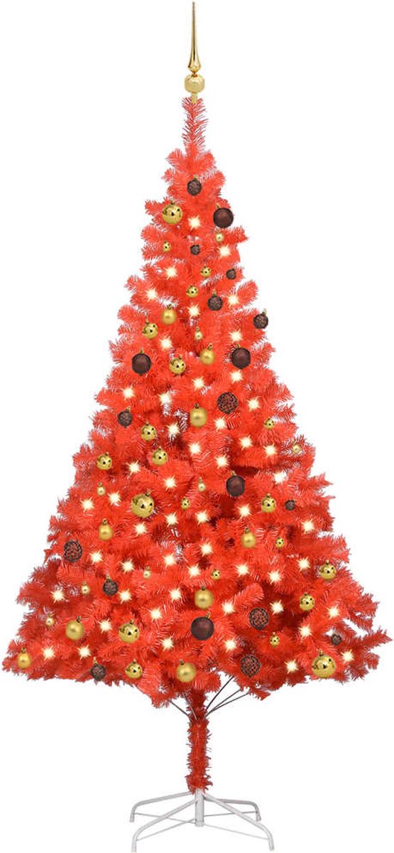 Prolenta Premium - Kunstkerstboom met LED's en kerstballenset 210 cm PVC rood