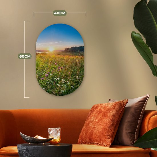 Ovale mural - Décoration murale en plastique - Tableau ovale - Soleil - Herbe - Fleurs - 40x60 cm - Forme miroir ovale sur plastique