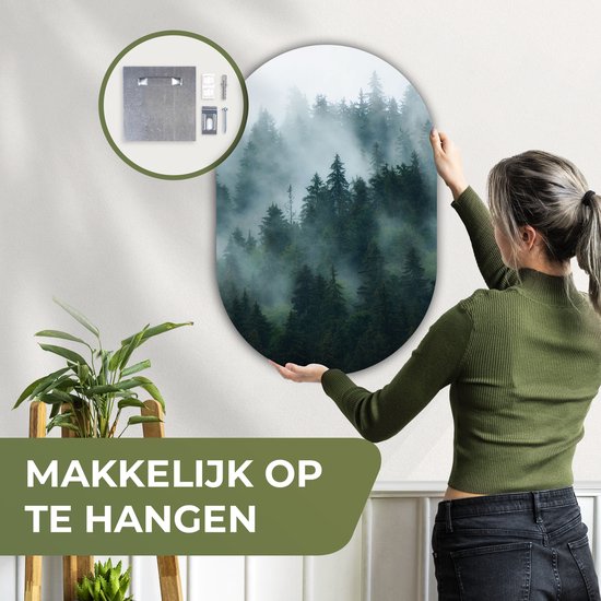 Wall Oval - Décoration murale Plastique - Peinture Ovale - Brouillard - Arbres - Forêt - 60x90 cm - Forme miroir ovale sur plastique