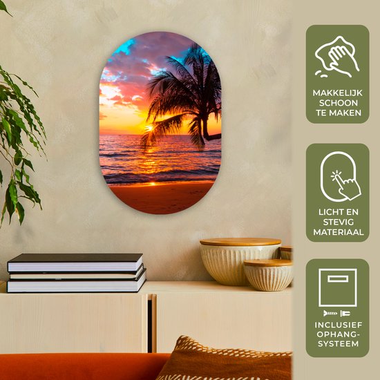 Ovale mural - Décoration murale plastique - Tableau ovale - Palmier - Coucher de soleil - Plage - Mer - Horizon - 40x60 cm - Forme miroir ovale sur plastique