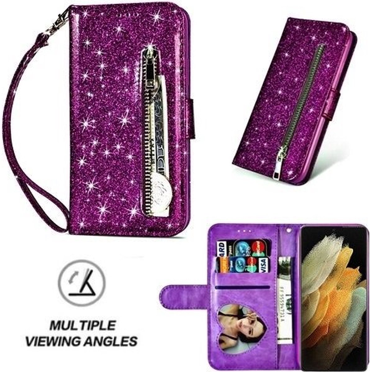 Samsung S21 Ultra Glitter Hoesje Met Pasjeshouder Bookcase Paars