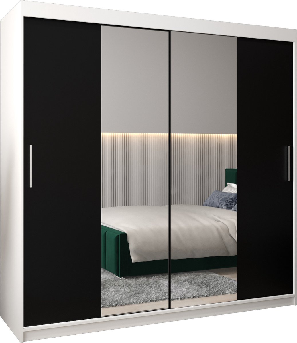 InspireME Kledingkast met 2 schuifdeuren, Modern-stijl, Kledingkast met planken (BxHxD): 200x200x62 - TORM I 200 Wit Mat + Zwart