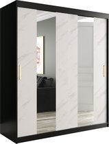 InspireMe - Kledingkast met 2 schuifdeuren, Modern-stijl, Een kledingkast met planken en een spiegel (BxHxD): 180x200x62 - MARMORO POLE 180 Zwart Mat + Wit Marmer