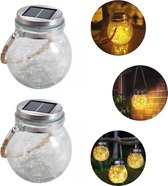 Solar lantaarn Craquelé Glas - Tuinverlichting op zonneenergie - Solar tafellamp - Tuinlantaarn - Set van 2 stuks - Met sensor - Ophangbaar - 12 x 14 cm - Warm wit