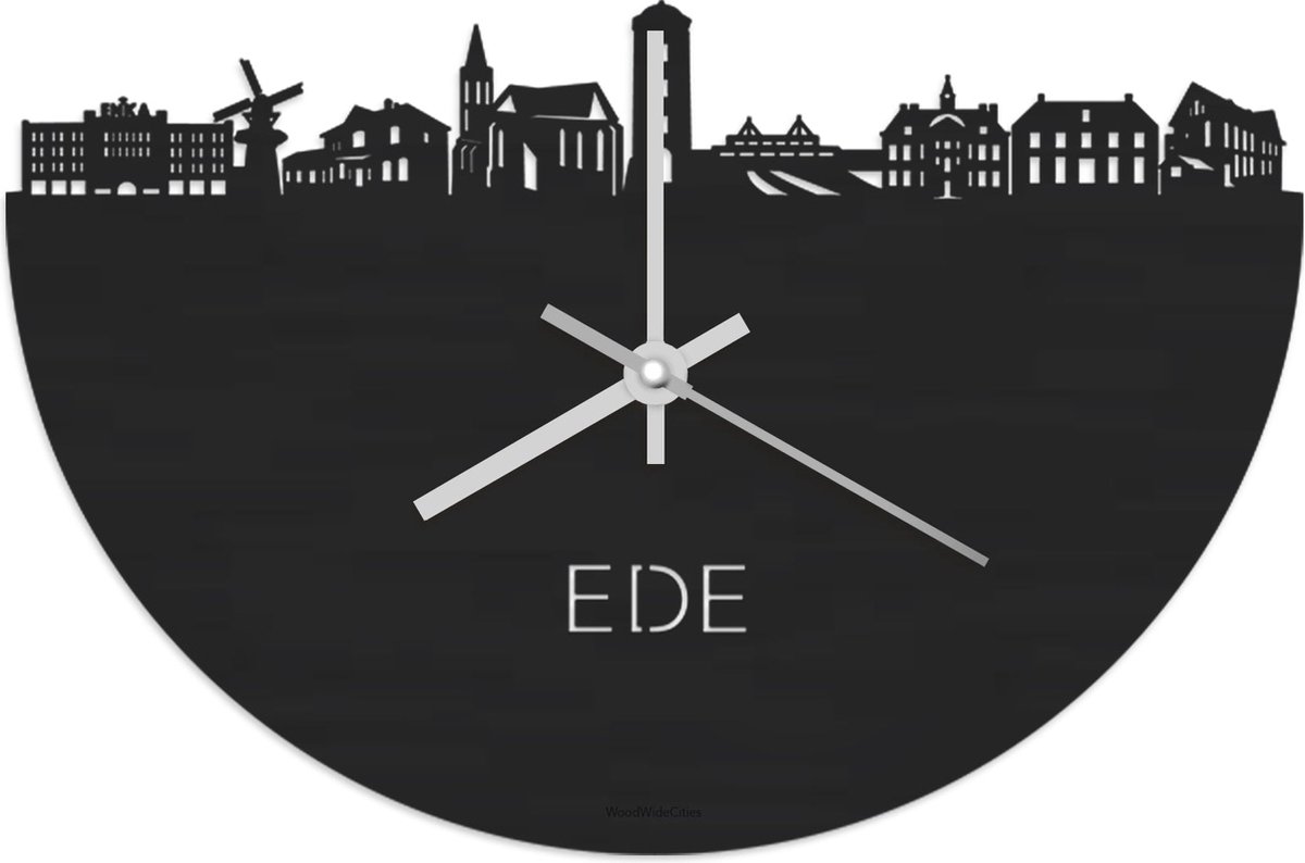 Skyline Klok Ede Zwart hout - Ø 40 cm - Stil uurwerk - Wanddecoratie - Meer steden beschikbaar - Woonkamer idee - Woondecoratie - City Art - Steden kunst - Cadeau voor hem - Cadeau voor haar - Jubileum - Trouwerij - Housewarming - WoodWideCities