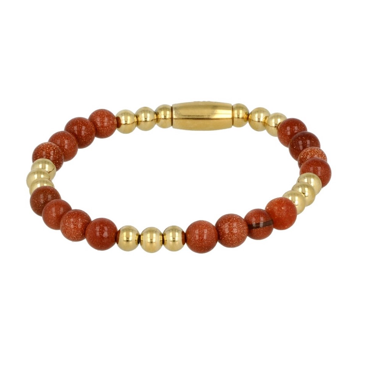 *Elastische gouden kralenarmband met Gold Sand Stone edelstenen - Luxe gouden armband door combinatie van Gold Sand Stone edelstenen met edelstalen balletjes - Met luxe cadeauverpakking