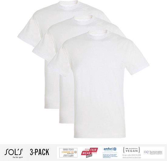3 Pack Sol's Jongens/Meisjes T-Shirt 100% biologisch katoen Ronde hals Wit Maat 130/140 (9/10 Jaar)