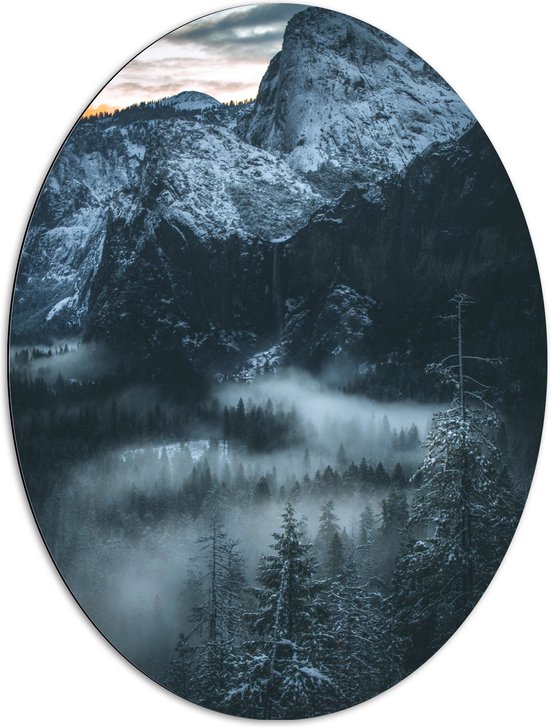 WallClassics - Dibond Ovaal - Hoge Bergen boven de Bomen uit - 72x96 cm Foto op Ovaal (Met Ophangsysteem)