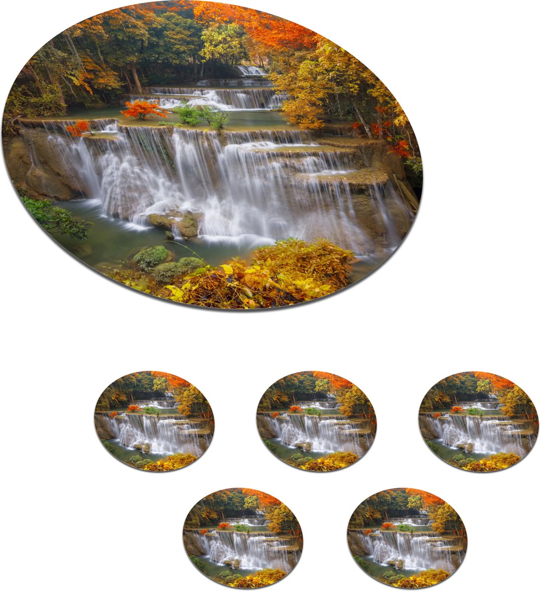 Onderzetters voor glazen - Rond - Bomen - Waterval - Herfst - 10x10 cm - Glasonderzetters - 6 stuks