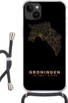 Geschikt voorApple Iphone 14 Plus - Crossbody Case - Groningen - Kaart - Goud - Siliconen - Crossbody - Backcover met Koord - Telefoonhoesje met koord - Hoesje met touw