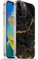 Geschikt voorApple Iphone 14 Pro - Softcase hoesje - Marmer print - Goud - Zwart - Marmer printlook - Luxe - Glitter - Siliconen Telefoonhoesje