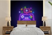 Behang - Fotobehang Gaming - Neon - Let's Play - Controller - Quotes - Breedte 300 cm x hoogte 300 cm