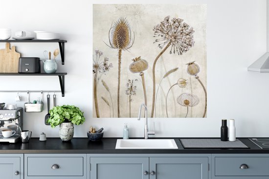 Stickers muraux - Film autocollant - Fleurs - Aquarelle - Nature morte - Marron - Vintage - 100x100 cm - Film adhésif - Stickers muraux Chambre d'enfant - Papier peint autocollant XXL - Papier peint autocollant - Film autocollant