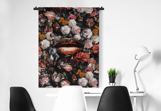 Tapisserie Murale - Toile Murale - Lèvres - Fleurs - Peinture - Oranje - Art - Abstrait - Maîtres Anciens - 90x120 cm - Tapisserie