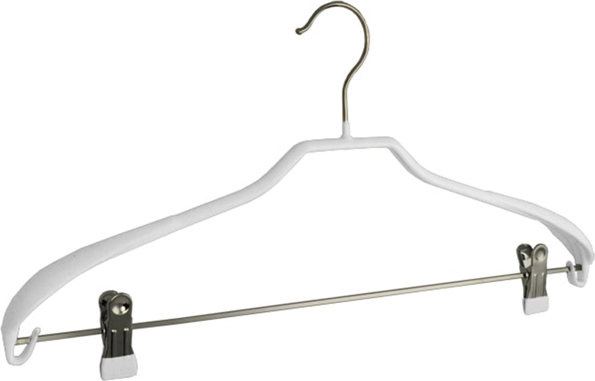 De Kledinghanger Gigant - 5 x Mantelhanger / kostuumhanger metaal met anti-slip knijpers, schouderverbreding en witte anti-slip coating, 46 cm