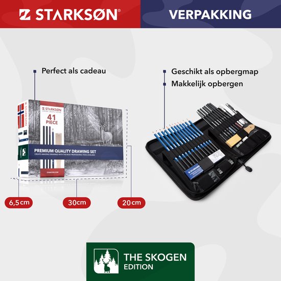 STARKSØN Professioneel 41-Delige Potloden Tekenset incl. Tekenpotloden, Schetspotloden, Schetsboek & Accessoires - Tekenen met Houtskool & Grafiet