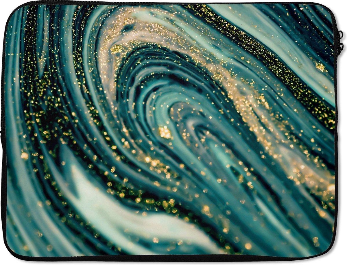Laptophoes 17 inch - Marmer printlook - Luxe - Goud - Turquoise - Glitter - Laptop sleeve - Binnenmaat 41x28 cm - Zwarte achterkant