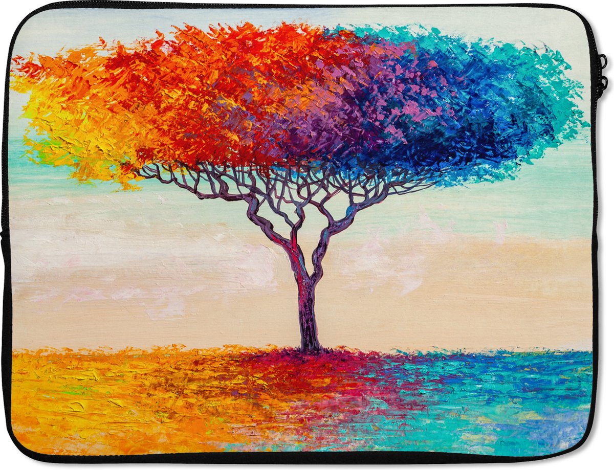 Laptophoes 17 inch - Schilderijen - Olieverf - Boom - Regenboog - Laptop sleeve - Binnenmaat 41x28 cm - Zwarte achterkant