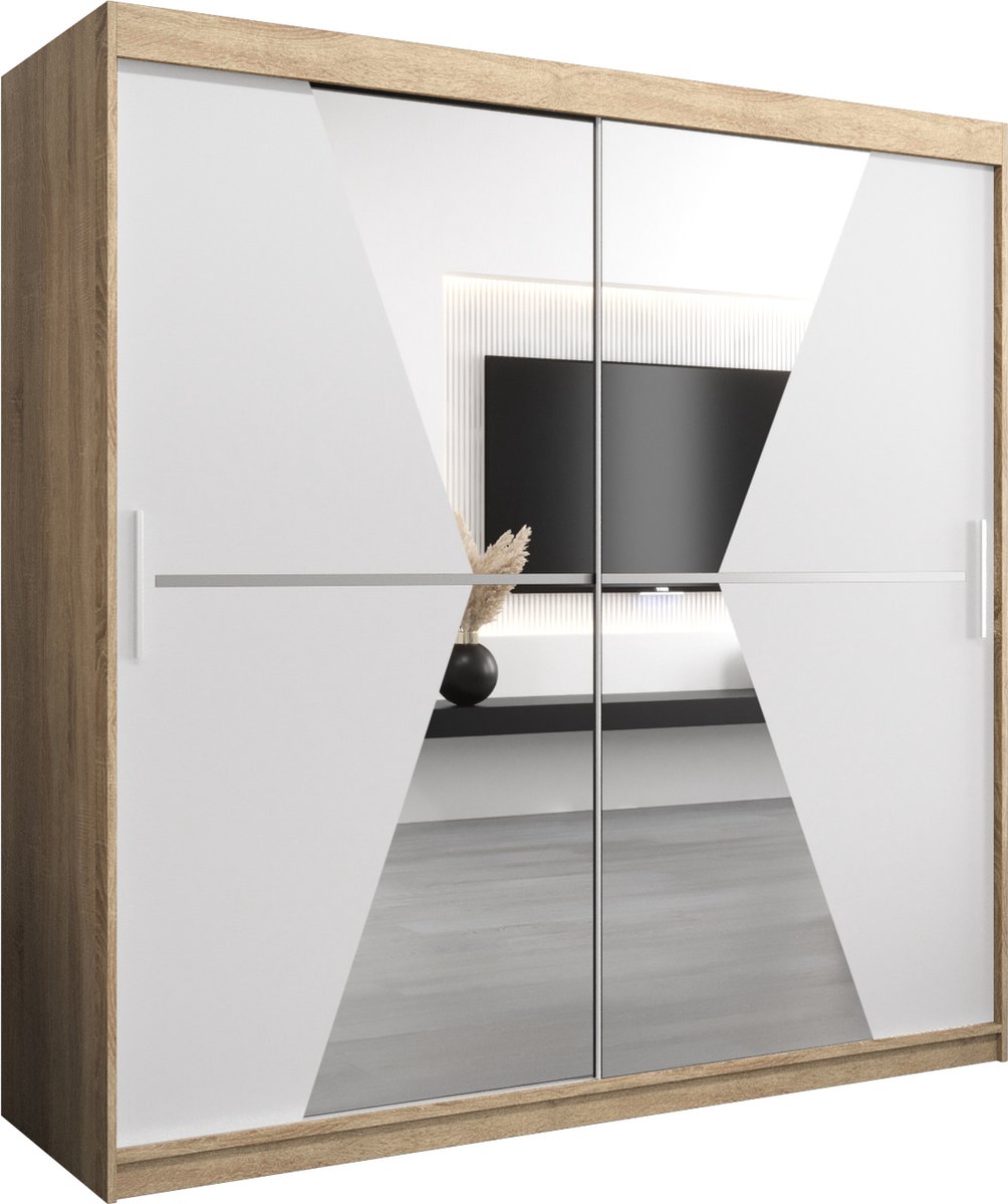 InspireME Kledingkast met 2 schuifdeuren, Modern-stijl, Een kledingkast met planken en een spiegel (BxHxD): 200x200x62 - TOTO 200 Sonoma Eik + Wit Mat