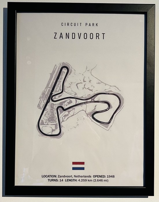 Zandvoort Circuit op Canvas incl. Lijst - Met Plaatselijke Omgevingsdetails - Formule 1 - Poster - 30x40cm - Wanddecoratie - Max Verstappen - Cadeau - Vaderdag