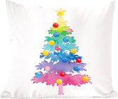 Sierkussens - Kussen - Kerstillustratie vrolijk gekleurde kerstboom - 40x40 cm - Kussen van katoen
