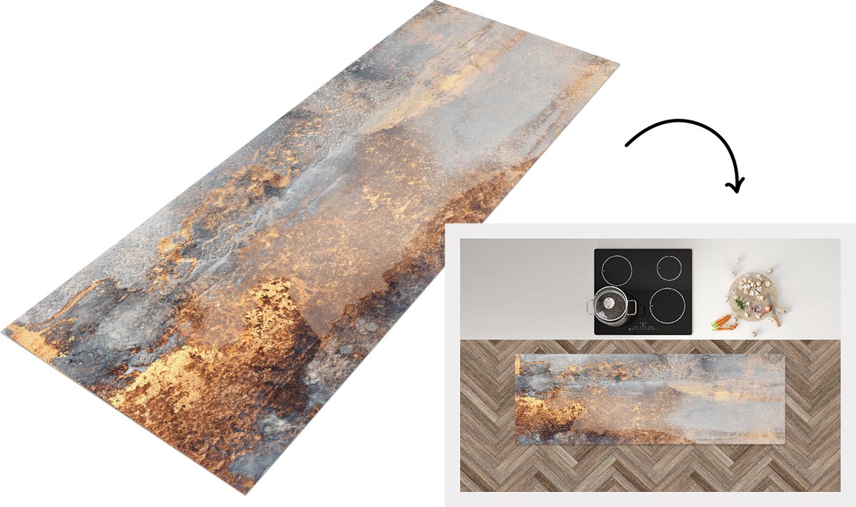 KitchenYeah Keukenloper - Loper keuken - Mist - Goud - Abstract - Keukenloper vinyl, foto 5