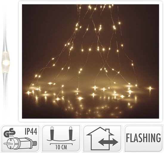 Pluie légère - Eclairage rideau 10 x 300cm avec fonction flash - 300 lumières LED - fil argent blanc chaud - ip44 pour usage intérieur et extérieur